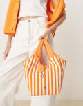 [Polo Ralph Lauren] Polo Ralph Lauren Play stripe canvas leather medium tote bag in orange peel/white One Size ORANGE