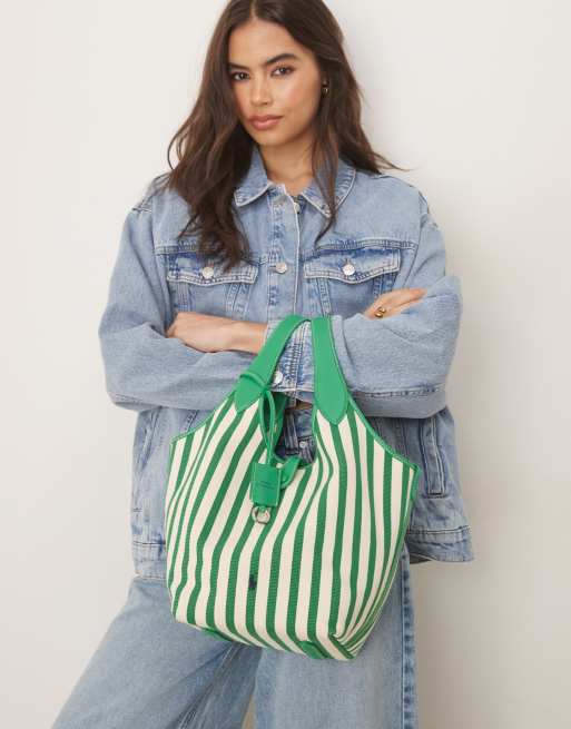 Polo Ralph Lauren Play stripe canvas leather medium tote bag in parrot/white