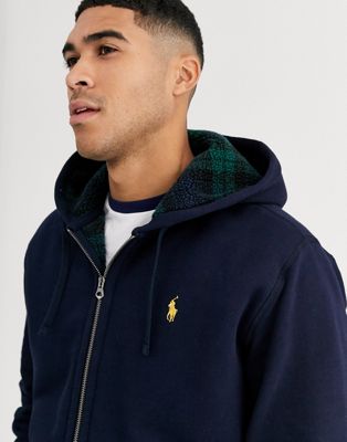 polo ralph lauren full zip borg lined hoodie with player logo in navy
