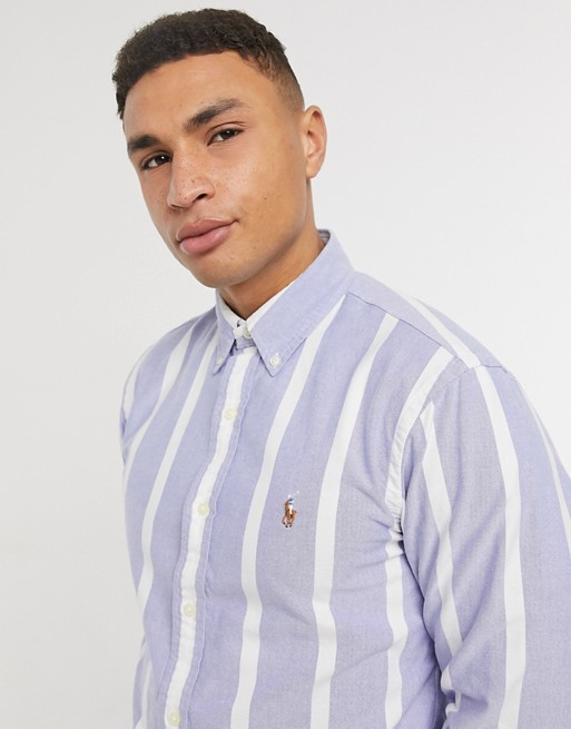 Polo Ralph Lauren player logo block stripe oxford shirt custom regular fit buttondown in blue/white