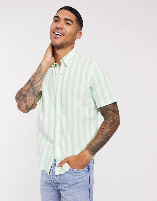 Polo Ralph Lauren player logo block stripe short sleeve beach poplin shirt custom regular fit buttondown in green/white