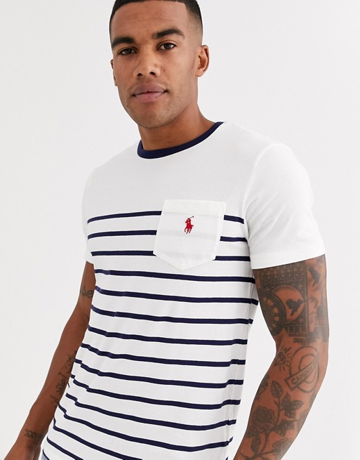 Polo Ralph Lauren player logo body stripe pocket t-shirt contrast neck in navy/white