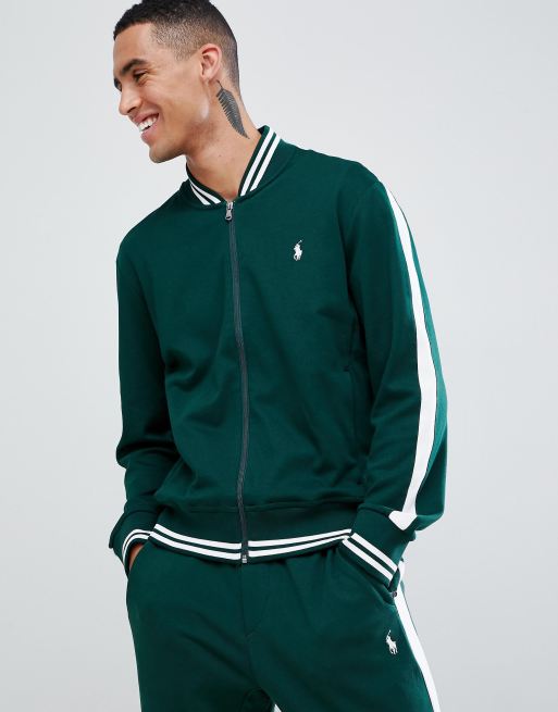 Polo Ralph Lauren player logo bomber sweat jacket tipped side taping in  dark green | ASOS