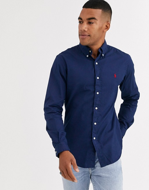 Polo Ralph Lauren player logo button down garment dye chino shirt slim fit in navy
