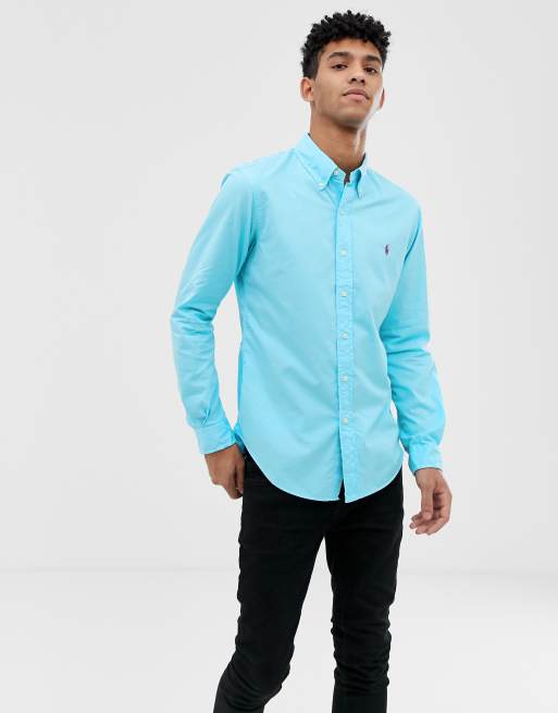 Polo Ralph Lauren player logo button down garment dye chino shirt slim fit in turquoise blue