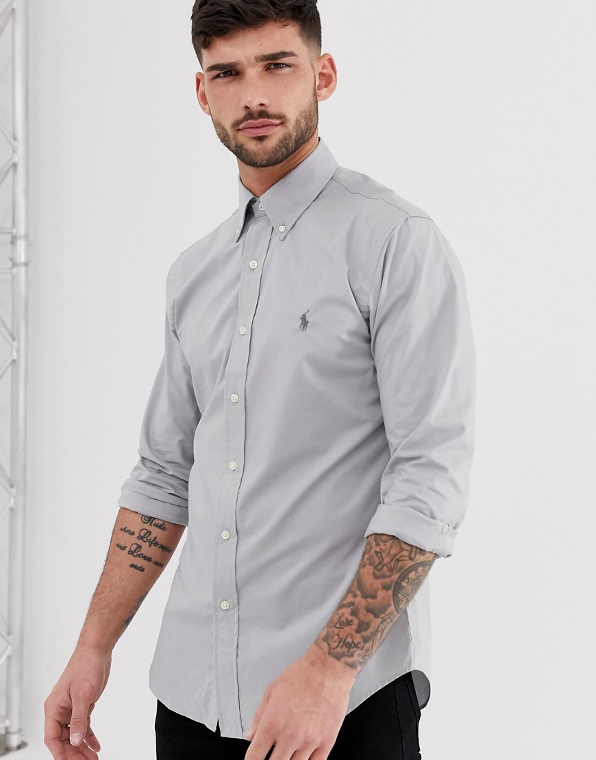 Polo Ralph Lauren player logo button down poplin shirt slim fit in light grey