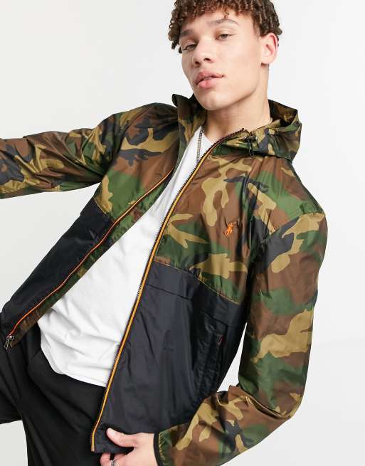 Polo Ralph Lauren player logo camo print hooded jacket in green/black | ASOS