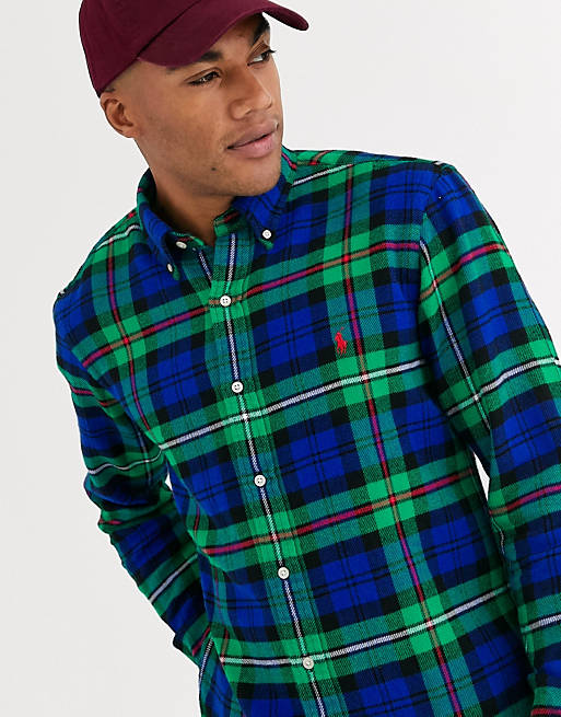 cvadrant Admitere Confidenţial  Polo Ralph Lauren player logo check brushed flannel shirt button down  custom regular fit in green | ASOS