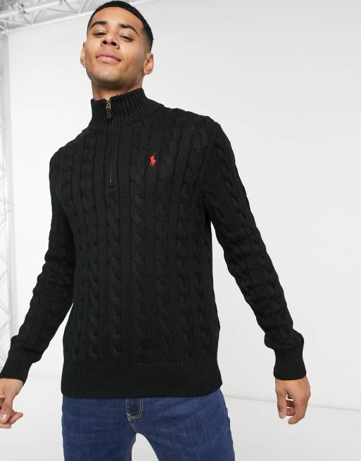 Polo ralph lauren half zip cotton knit shop jumper with multi player logo in black