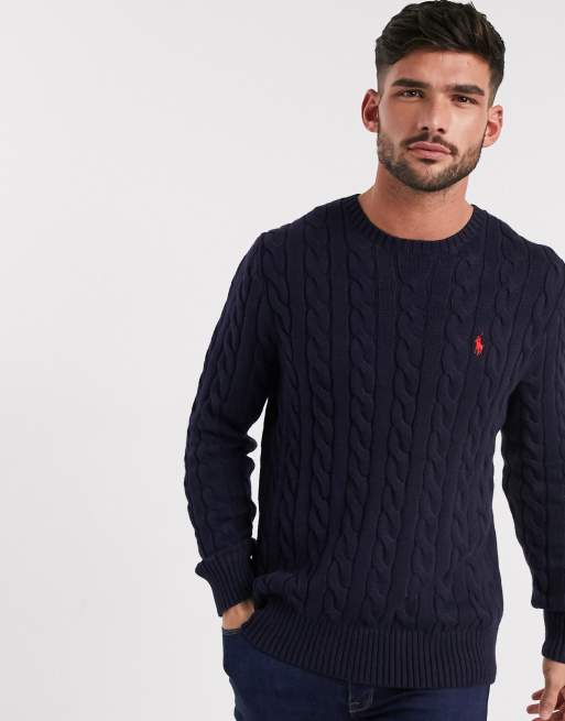 Polo Ralph Lauren player logo cotton cable knit jumper in navy | ASOS