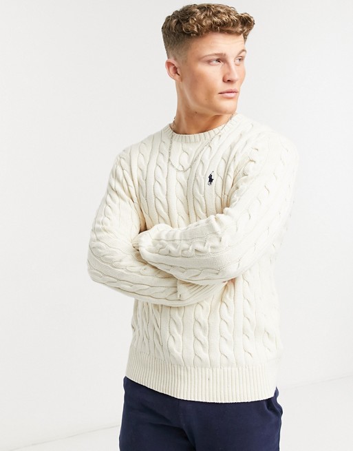 Polo Ralph Lauren player logo cotton cable knit jumper in off white