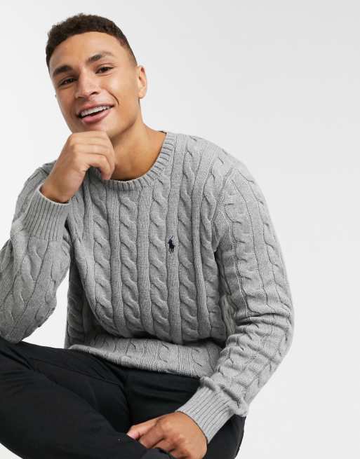 Polo Ralph Lauren player logo cotton cable knit sweater in gray heather |  ASOS