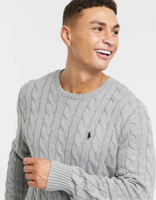 Polo Ralph Lauren player logo cotton cable knit sweater in gray heather