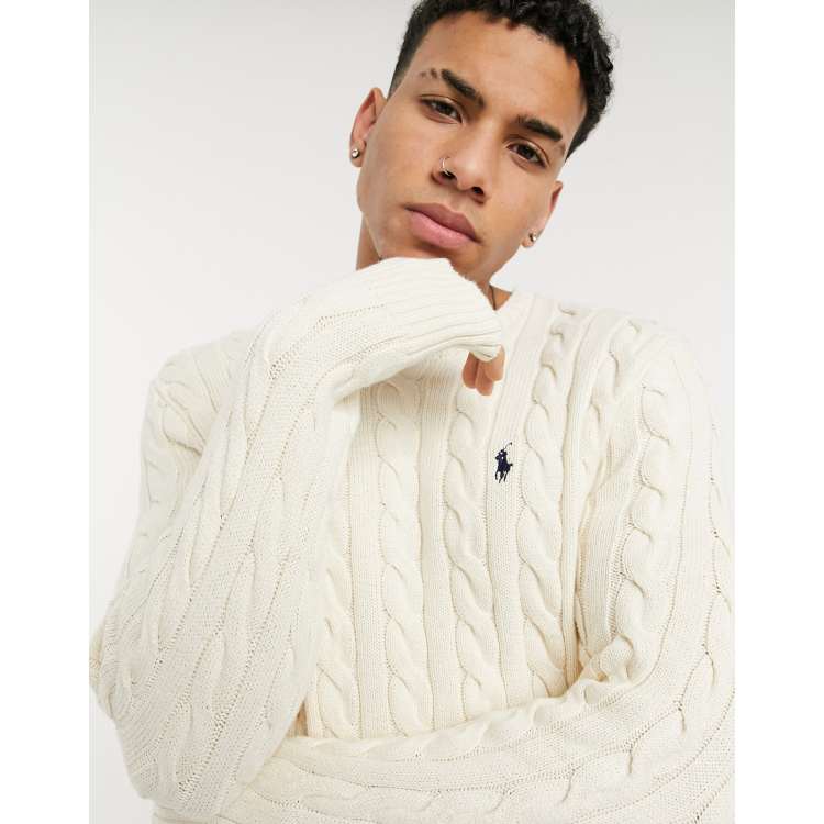 Polo Ralph Lauren player logo cotton cable knit sweater in off white