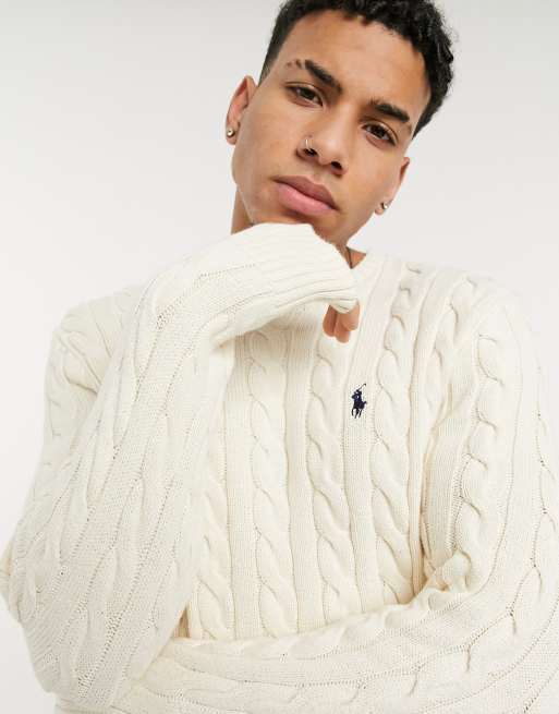 Polo Ralph Lauren player logo cotton cable knit sweater in off white