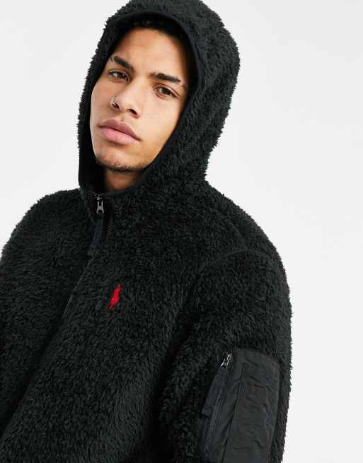 Polo Ralph Lauren player logo curly sherpa full zip hoodie in polo black |  ASOS