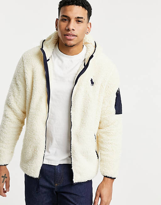 Polo Ralph Lauren player logo curly sherpa full zip hoodie in winter cream  | ASOS