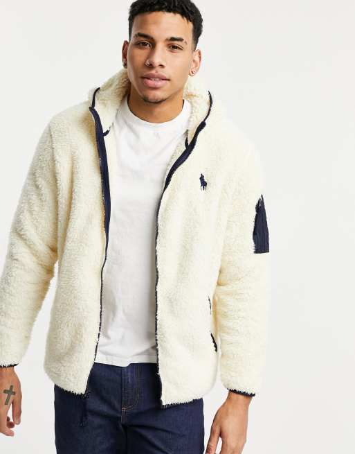 Polo Ralph Lauren player logo curly sherpa full zip hoodie in winter cream