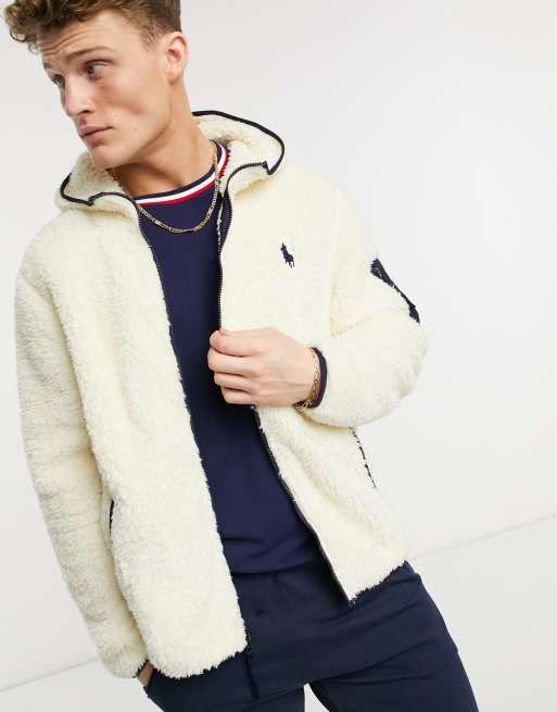 Polo Ralph Lauren player logo curly sherpa full zip hoodie in winter cream