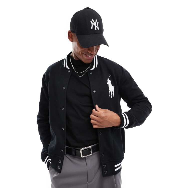 Polo Ralph Lauren player logo fleece baseball jacket in black | ASOS
