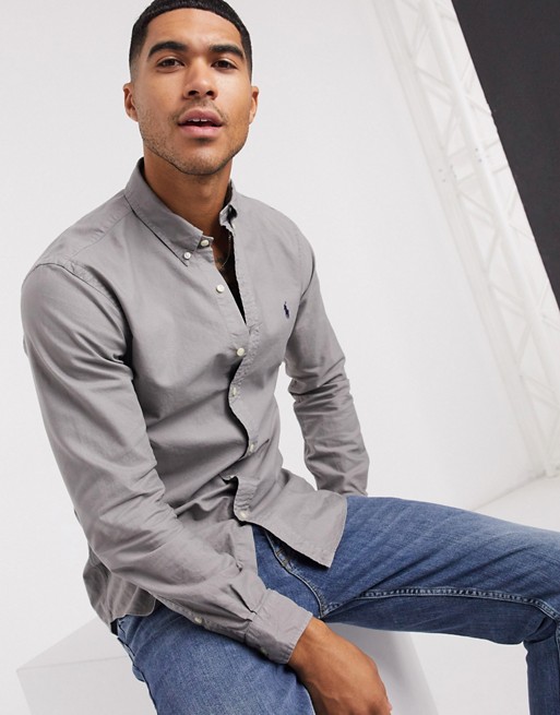 Polo Ralph Lauren player logo garment dye oxford shirt slim fit buttondown in grey