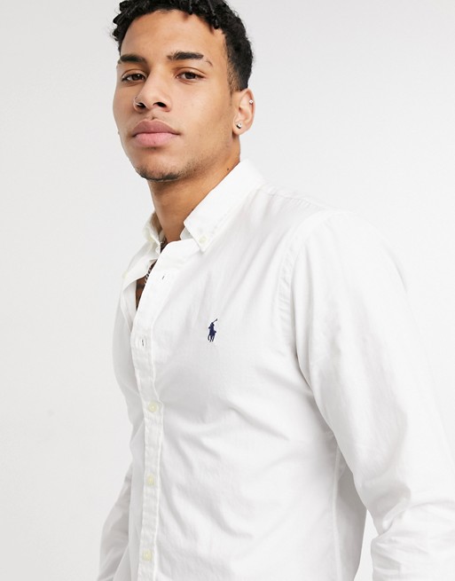 Polo Ralph Lauren player logo garment dyed chino shirt slim fit button down in white