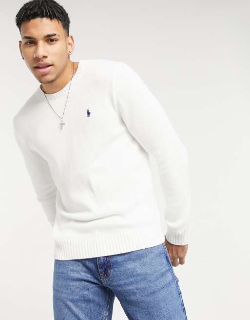 Polo Ralph Lauren player logo heavy cotton knit jumper in white ASOS