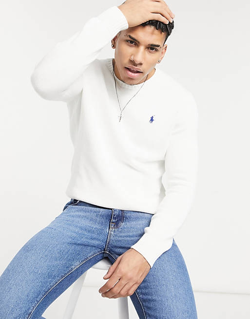 Polo Ralph Lauren player logo heavy cotton knit sweater in white | ASOS