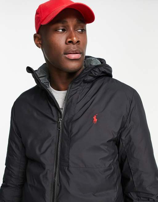 Black polo puffer jacket sales with hood