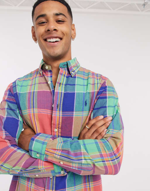 Polo Ralph Lauren player logo madras check shirt custom regular fit  buttondown in blue/red/multi | ASOS