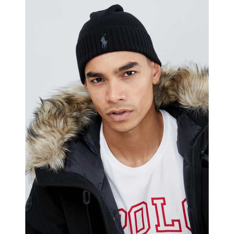 Polo Ralph Lauren player logo merino wool rib beanie in black