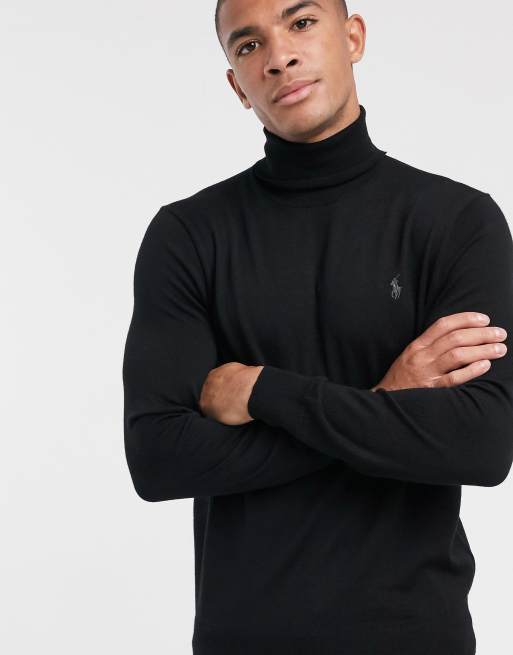 Polo Ralph Lauren player logo merino wool roll neck jumper in black