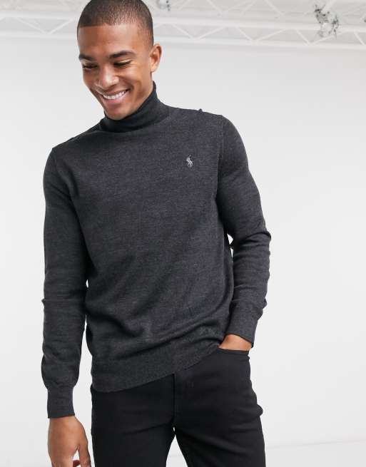 Polo Ralph Lauren player logo merino wool turtleneck sweater in gray  heather | ASOS