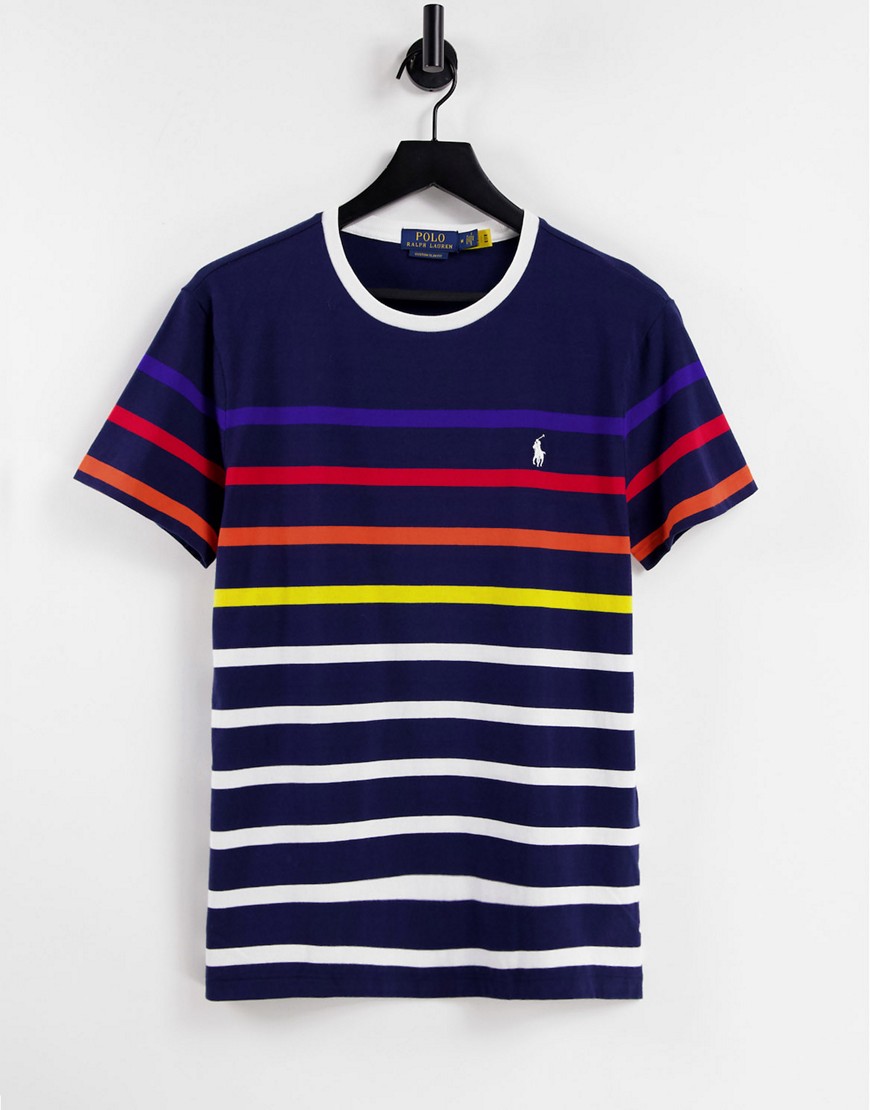 Polo Ralph Lauren player logo multi stripe t-shirt in navy