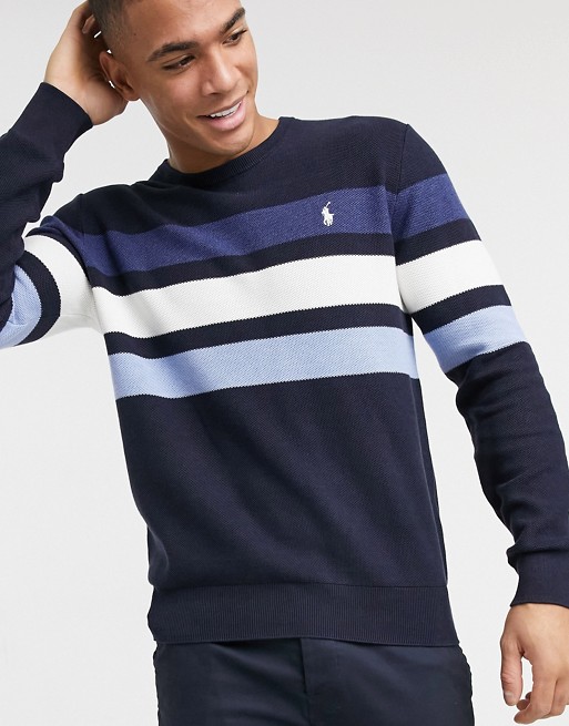 Polo Ralph Lauren player logo pima cotton chest stripe jumper in navy marl