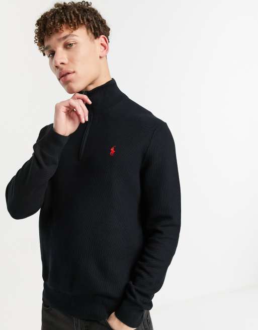 Polo Ralph Lauren player logo pima cotton knit half zip jumper in polo black