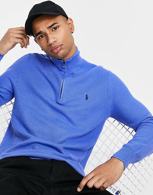 Polo Ralph Lauren player logo pima cotton knit half zip sweater in blue  heather