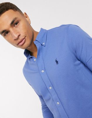Polo Ralph Lauren Player Logo Pique Shirt Slim Fit Buttondown In Mid Blue |  ModeSens