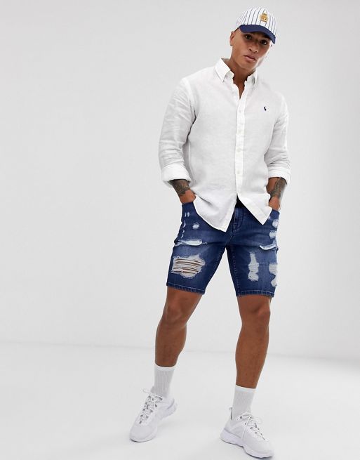 Polo Ralph Lauren player logo pocket linen shirt custom regular fit in white  | ASOS