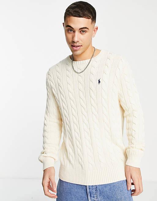 Polo Ralph Lauren player logo roving cotton cable knit sweater in cream |  ASOS