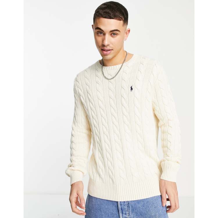 Polo Ralph Lauren player logo roving cotton cable knit sweater in cream |  ASOS