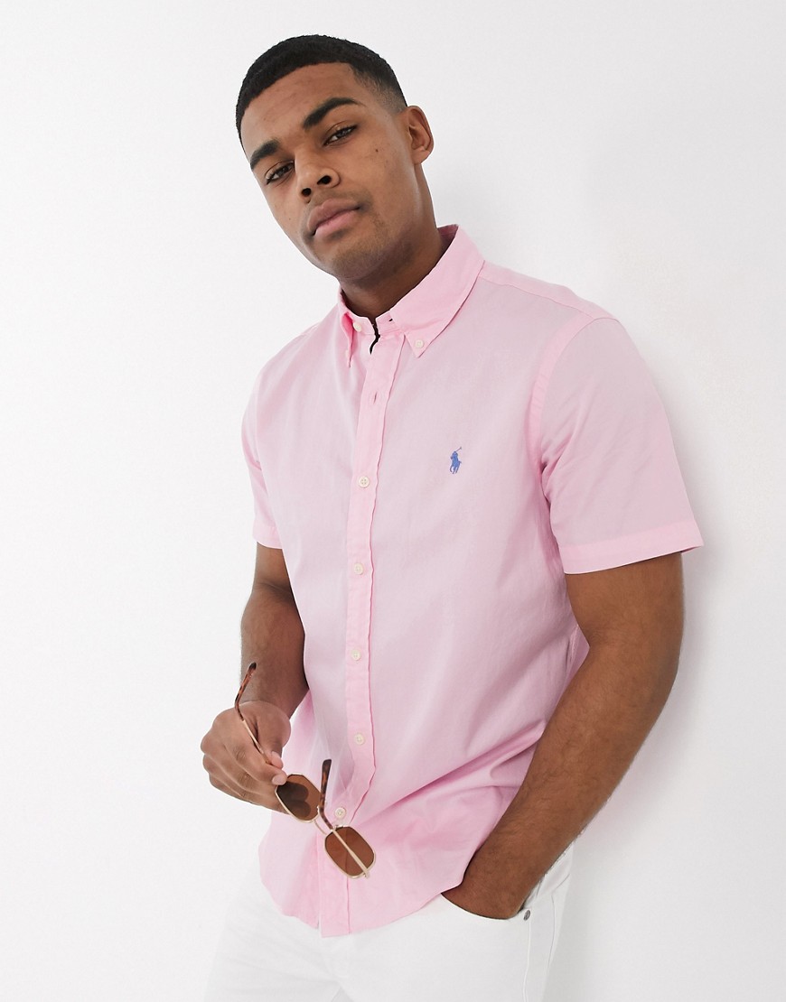 POLO RALPH LAUREN PLAYER LOGO SHORT SLEEVE GARMENT DYED CHINO SHIRT CLASSIC FIT IN TAYLOR ROSE-PINK,710793044005-US