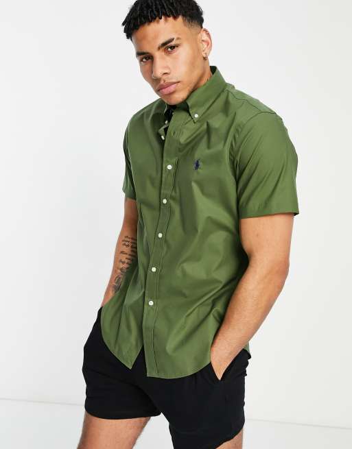 Polo Ralph Lauren player logo short sleeve poplin shirt button down custom  regular fit in supply olive