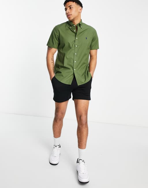 Polo Ralph Lauren player logo short sleeve poplin shirt button down custom  regular fit in supply olive