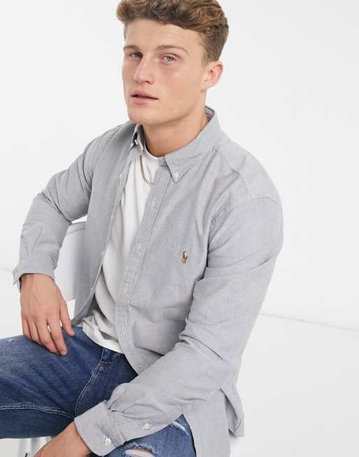 Polo Ralph Lauren player logo slim fit button down oxford shirt in grey marl
