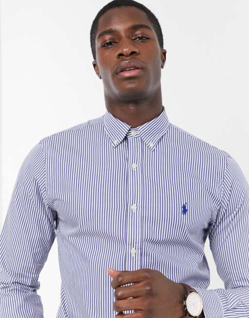 Polo Ralph Lauren player logo slim fit button down poplin shirt in navy white stripe