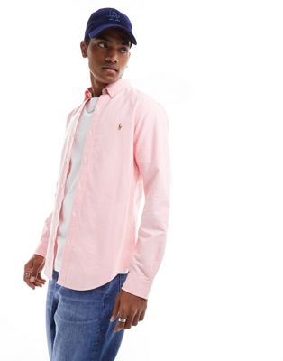 Polo Ralph Lauren player logo slim fit oxford shirt button-down in pink - ASOS Price Checker