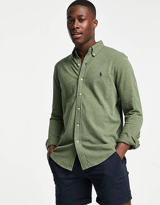 Polo Ralph Lauren player logo slim fit pique shirt button down in green marl