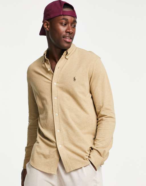 Polo Ralph Lauren Icon Logo Slim Fit Long Sleeve Pique Polo in Beige heather-Neutral