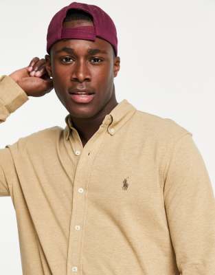 Polo Ralph Lauren Icon Logo Slim Fit Long Sleeve Pique Polo in Beige heather-Neutral